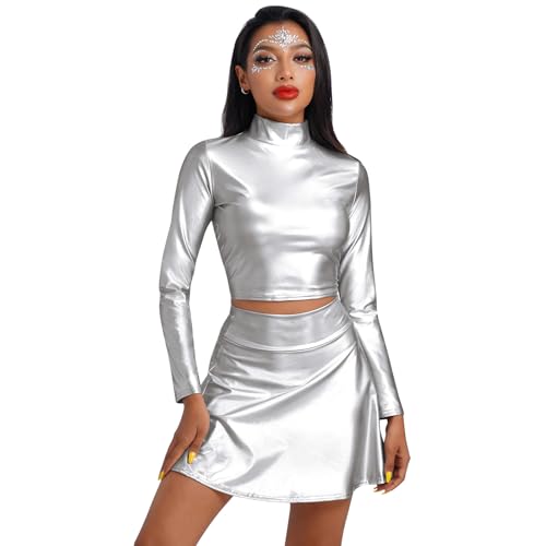 IMEKIS Damen Alien Kostüm Rave Outfit Karneval Glänzendes Metallisch Crop Top mit Minirock 2tlg Disco Tanz Clubwear Halloween Facshing Mottoparty Outfit Silber-Langarm M IMEKIS Damen Alien Kostüm Rave Outfit Karneval Glänzendes Metallisch Crop Top mit Minirock 2tlg Disco Tanz Clubwear Halloween Facshing Mottoparty Outfit Silber-Langarm M von IMEKIS