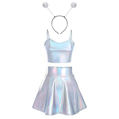 IMEKIS Damen Space Girl Alien Kostüm Karneval Glänzendes Metallisch Crop Top mit Minirock Alien Stirnband 3pcs Disco Club Dancewear Halloween Facshing Mottoparty Outfit Laser Silber-Spaghettiträger S von IMEKIS