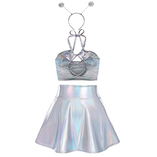 IMEKIS Damen Space Girl Alien Kostüm Karneval Glänzendes Metallisch Crop Top mit Minirock Alien Stirnband 3pcs Disco Club Dancewear Halloween Facshing Mottoparty Outfit Laser Silber-Neckholder M von IMEKIS