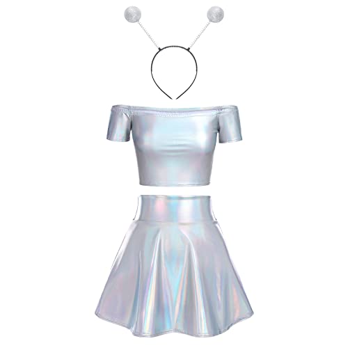 IMEKIS Damen Space Girl Alien Kostüm Karneval Glänzendes Metallisch Crop Top mit Minirock Alien Stirnband 3pcs Disco Club Dancewear Halloween Facshing Mottoparty Outfit Laser Silber-Schulterfrei S IMEKIS Damen Space Girl Alien Kostüm Karneval Glänzendes Metallisch Crop Top mit Minirock Alien Stirnband 3pcs Disco Club Dancewear Halloween Facshing Mottoparty Outfit Laser Silber-Schulterfrei S von IMEKIS
