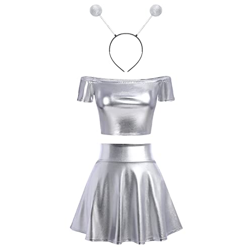 IMEKIS Damen Space Girl Alien Kostüm Karneval Glänzendes Metallisch Crop Top mit Minirock Alien Stirnband 3pcs Disco Club Dancewear Halloween Facshing Mottoparty Outfit Silber-Off Shoulder S von IMEKIS