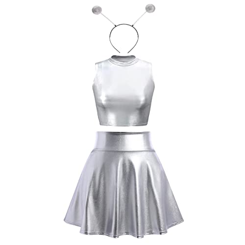 IMEKIS Damen Space Girl Alien Kostüm Karneval Glänzendes Metallisch Crop Top mit Minirock Alien Stirnband 3pcs Disco Club Dancewear Halloween Facshing Mottoparty Outfit Silber-Rollkragen XL IMEKIS Damen Space Girl Alien Kostüm Karneval Glänzendes Metallisch Crop Top mit Minirock Alien Stirnband 3pcs Disco Club Dancewear Halloween Facshing Mottoparty Outfit Silber-Rollkragen XL von IMEKIS