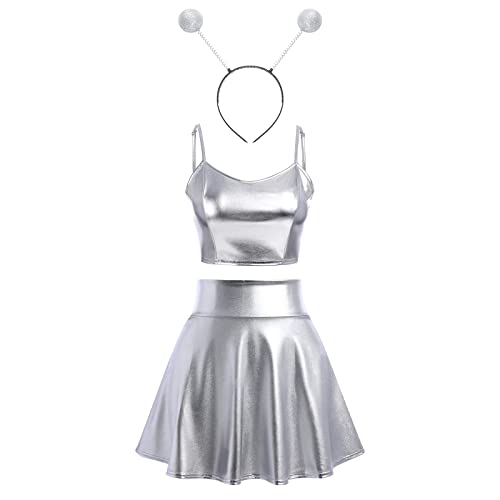 IMEKIS Damen Space Girl Alien Kostüm Karneval Glänzendes Metallisch Crop Top mit Minirock Alien Stirnband 3pcs Disco Club Dancewear Halloween Facshing Mottoparty Outfit Silber-Spaghettiträger 2XL von IMEKIS