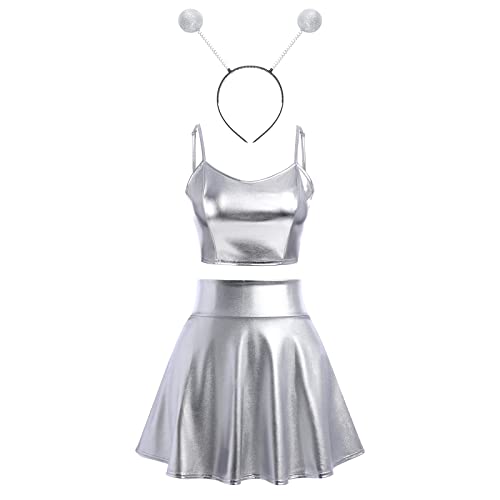 IMEKIS Damen Space Girl Alien Kostüm Karneval Glänzendes Metallisch Crop Top mit Minirock Alien Stirnband 3pcs Disco Club Dancewear Halloween Facshing Mottoparty Outfit Silber-Spaghettiträger XL IMEKIS Damen Space Girl Alien Kostüm Karneval Glänzendes Metallisch Crop Top mit Minirock Alien Stirnband 3pcs Disco Club Dancewear Halloween Facshing Mottoparty Outfit Silber-Spaghettiträger XL von IMEKIS