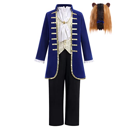 IMEKIS Jungen Biest Kostüm Prinz Halloween Fancy Verkleidung Smoking Jacke mit Hose Hosen Zubehör Deluxe Die Schöne und das Biest Kinderkostüm für Geburtstag Karneval Navy Blau 7-9 Jahre von IMEKIS