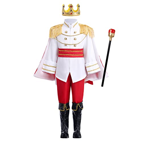 IMEKIS Jungen Halloween Königlich König Kostüm Prinz Charmantes Verkleidung Kinder Langarm Jacken mit Hose Robe Krone Zubehör Mittelalter König Set Weihnachten Karneval Party Outfit Weiß 12-13 Jahre von IMEKIS