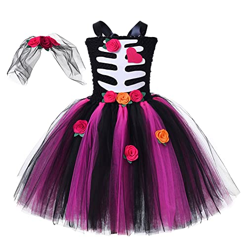 IMEKIS Kind Mädchen Zombie-Braut Kostüm Halloween Fancy Corpse Skelett Bräute Tutu-Kleid Geister Vampir Cosplay Verkleiden mit Kopfschmuck Tag der Toten Party Outfit für den Buchtag Rose 2-3 Jahre von IMEKIS