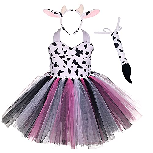 IMEKIS Kinder Baby Mädchen Tier Cosplay Kostüm Prinzessin Verkleidung Kuh Tüll Kleid mit Stirnband und Schwanz 3tlg Halloween Weihnachts Karneval Outfit Rosa 7-8 Jahre von IMEKIS