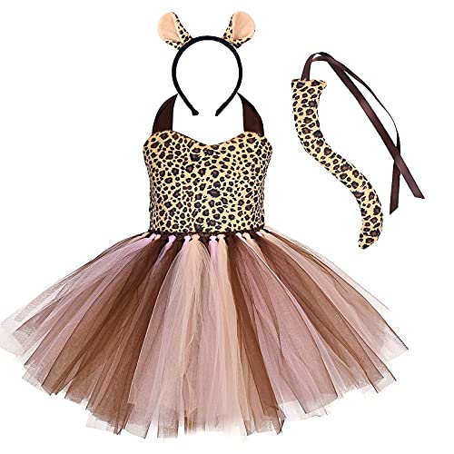 IMEKIS Kinder Baby Mädchen Tier Cosplay Kostüm Prinzessin Verkleidung Leopard Tüll Kleid mit Stirnband und Schwanz 3tlg Halloween Weihnachts Karneval Outfit Braun 11-12 Jahre von IMEKIS