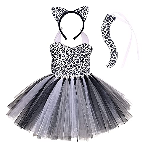 IMEKIS Kinder Baby Mädchen Tier Cosplay Kostüm Prinzessin Verkleidung Leopard Tüll Kleid mit Stirnband und Schwanz 3tlg Halloween Weihnachts Karneval Outfit Schwarz 5-6 Jahre von IMEKIS