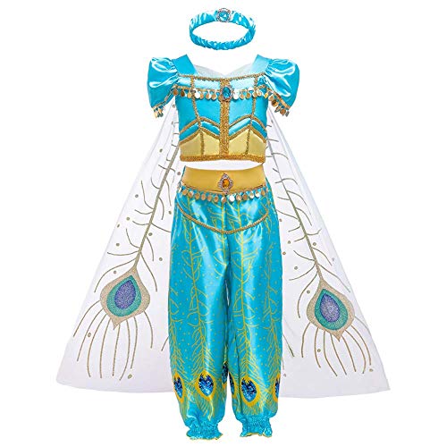 IMEKIS Mädchen Jasmin Kostüm Prinzessin Paillette Aladdin Arabische Tanzkleid Kinder Märchen Halloween Fest Verkleidung Weihnachten Karneval Cosplay Fasching Geburtstag Party Outfit Blau 8-9 Jahre von IMEKIS