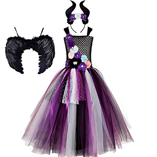 IMEKIS Kinder Mädchen Maleficent Kostüm Prinzessin Teufel Böse Königin Verkleiden Gestricktes Tüllkleid mit Hörner und Flügeln Bösartige Hexekleid Halloween Karneval Geburtstag Outfit von IMEKIS