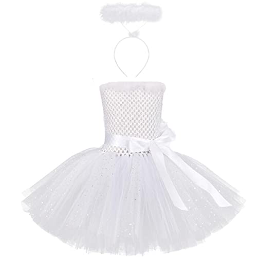 IMEKIS M?dchen Engel Teufel Kost?m Halloween Cosplay Verkleidung Prinzessin T?ll Tutu Kleid mit Stirnband Fee Geburtstag Karneval Party Outfit Wei?-2tlg 11-12 Jahre von IMEKIS