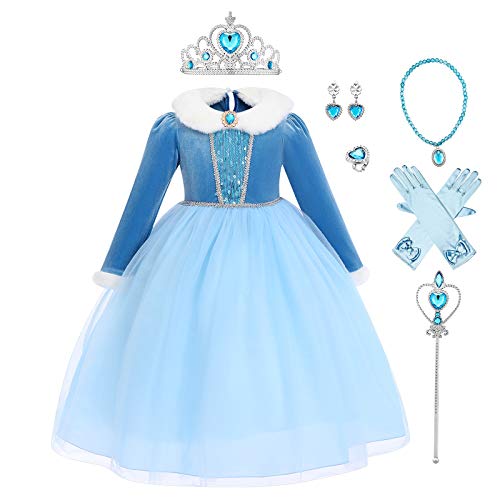 IMEKIS Mädchen Anna ELSA Kleid Prinzessin Eiskönigin Kostüm Halloween Karneval Verkleiden Langarm Pailletten Tüllkleid mit Zubehör Weihnachten Geburtstag Cosplay Party Outfit von IMEKIS