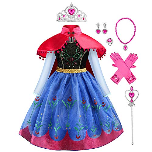 IMEKIS Mädchen Eiskönigin Anna kleid mit Umhang Outfit Prinzessin Märchen Cosplay Verkleiden Blumen Geburtstag Festlich Partykleid Kinder Halloween Weihnachten Karneval Kostüm Blau 2-3 Jahre von IMEKIS