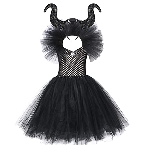 IMEKIS M?dchen Maleficent Kost?m Prinzessin B?sartige B?se K?nigin Verkleiden Gestricktes T?llkleid mit Horn Stirnband B?se Hexe Halloween Geburtstag Party Outfit von IMEKIS