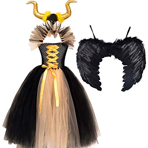 IMEKIS Mädchen Prinzessin Maleficent Kostüm Fancy Böse Königin Verkleiden Handgemachtes Gestricktes Tüllkleid mit Horn und Flügeln Böse Hexe Halloween Karneval Cosplay Party Outfit Gold 6-7 Jahre von IMEKIS