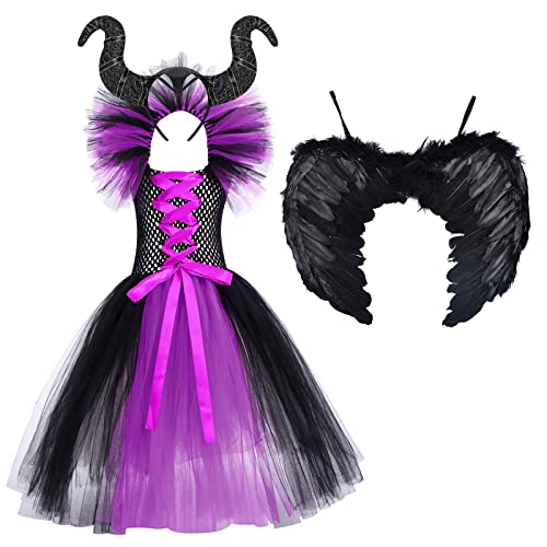 IMEKIS Mädchen Prinzessin Maleficent Kostüm Fancy Böse Königin Verkleiden Handgemachtes Gestricktes Tüllkleid mit Horn und Flügeln Böse Hexe Halloween Karneval Cosplay Party Outfit Lila 10-12 Jahre von IMEKIS