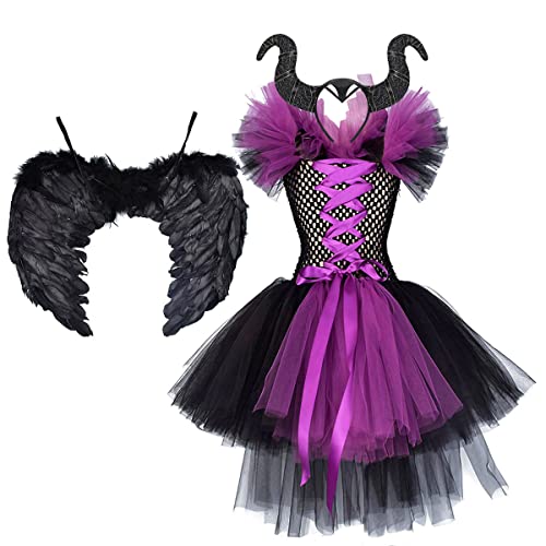 IMEKIS Mädchen Prinzessin Maleficent Kostüm Fancy Böse Königin Verkleiden Handgemachtes Gestricktes Tüllkleid mit Horn und Flügeln Böse Hexe Halloween Karneval Cosplay Party Outfit Lila 11-12 Jahre von IMEKIS