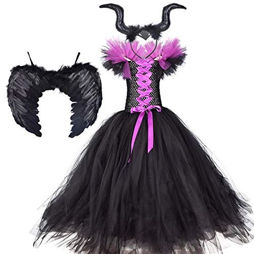 IMEKIS Mädchen Prinzessin Maleficent Kostüm Fancy Böse Königin Verkleiden Handgemachtes Gestricktes Tüllkleid mit Horn und Flügeln Böse Hexe Halloween Karneval Cosplay Party Outfit Lila 7-8 Jahre von IMEKIS