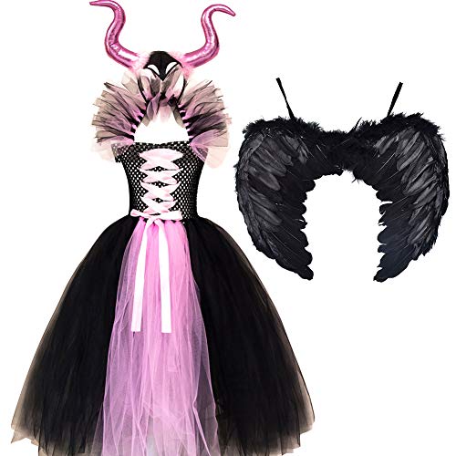 IMEKIS Mädchen Prinzessin Maleficent Kostüm Fancy Böse Königin Verkleiden Handgemachtes Gestricktes Tüllkleid mit Horn und Flügeln Böse Hexe Halloween Karneval Cosplay Party Outfit Rosa 6-7 Jahre von IMEKIS