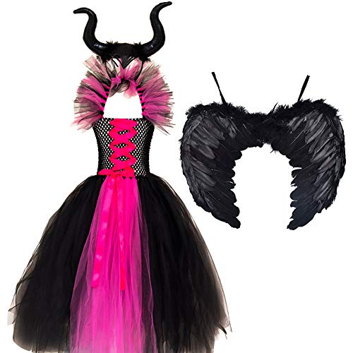 IMEKIS Mädchen Prinzessin Maleficent Kostüm Fancy Böse Königin Verkleiden Handgemachtes Gestricktes Tüllkleid mit Horn und Flügeln Böse Hexe Halloween Karneval Cosplay Party Outfit Rose 6-7 Jahre von IMEKIS