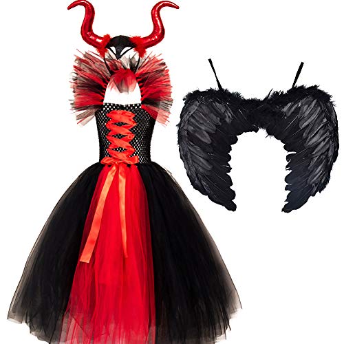 IMEKIS Mädchen Prinzessin Maleficent Kostüm Fancy Böse Königin Verkleiden Handgemachtes Gestricktes Tüllkleid mit Horn und Flügeln Böse Hexe Halloween Karneval Cosplay Party Outfit Rot 10-12 Jahre von IMEKIS