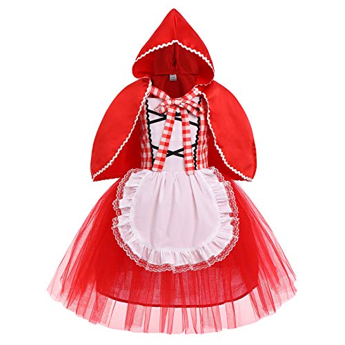 IMEKIS Mädchen Rotkäppchen Kleid Kostüm Prinzessin Cosplay Partykleid mit Kapuzenumhang Festlich Geburtstag Outfit Halloween Weihnachten Karneval Märchen Verkleidung Rot 3-4 Jahre von IMEKIS