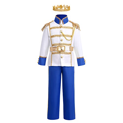 IMEKIS Jungen Halloween Kostüm Prinz Charmantes Verkleidung Kinder Langarm Jacke mit Hose Mantel und Krone Zubehör Mittelalter König Set Blau 10-12 Jahre von IMEKIS