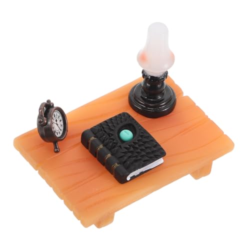 IMIKEYA 1 Set Mini-Schreibtisch – Puppenhaus-Miniatur-Schreibtisch Und Buch-Set Mit Weckerlampe – DIY-möbelmodell Für Puppenhauszubehör von IMIKEYA