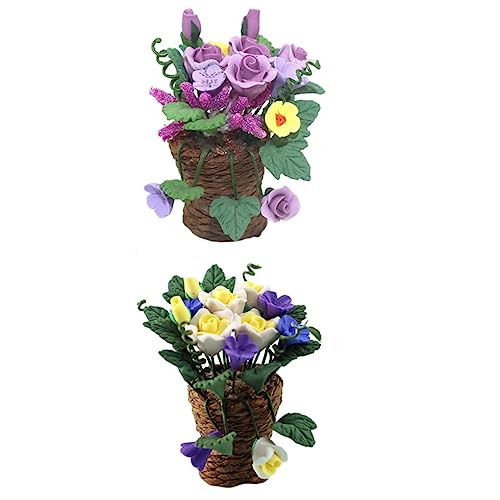 IMIKEYA 2stücke Miniatur Blumenkorb Mit Blumen Ornament Geflochtener Korb Für Puppenhaus-Dekoration Bonsai- Modell Heim-Dekoration Und Schön von IMIKEYA