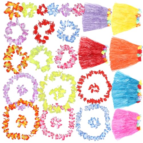 IMIKEYA 6 Sets Blumenketten Für Die Luau-Party Hawaiianischer Hula-Grasrock Mit Blumenkostüm-Set Sommer-Tropenketten Halsketten Armbänder Stirnbänder Und Rock von IMIKEYA