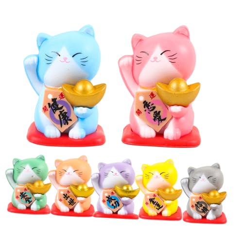 IMIKEYA 7 Stück Teiliges Miniatur Glückskatze Figuren aus Langlebigem Harz Kleine Dekorative Maneki Neko Statuen für Schreibtisch Garten und Detailreich und Farblich Realistisch Gestaltet von IMIKEYA