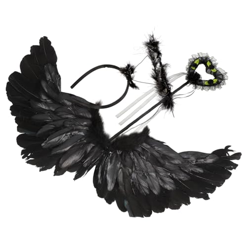 IMIKEYA Flügel Schwarz Teiliges Cosplay Kostüm mit Federn Fee Flügel Prop für Mädchen Fasching Halloween Karneval und Party Stirnband Zauberstab und von IMIKEYA