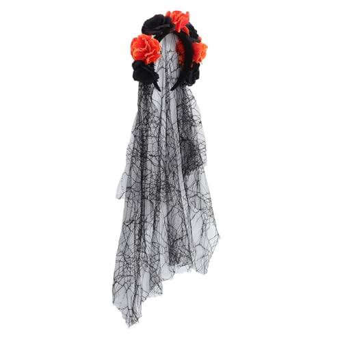 IMIKEYA Halloween Blüten Stirnband mit Langem Schleier Elegantes Braut Stirnband für Cosplay und Halloween Feiern Orange Schwarze Rosen Leicht und von IMIKEYA