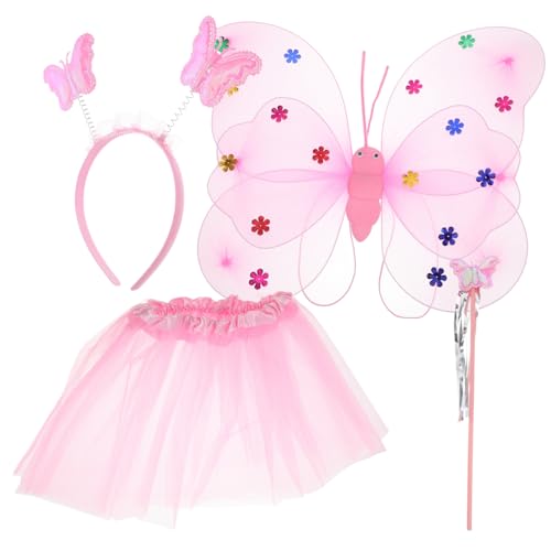 IMIKEYA Kostüm für Mädchen Teiliges Netzstoff Tüllrock Zauberstab und Haarreif Schmetterlingsflügel Verkleidung für Fasching Karneval Party Bühnenauftritt Rosa von IMIKEYA