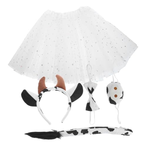 IMIKEYA Kuh Kostüm Set Teilig mit Weichem Realistischem Kuhkopf Haarreif Kaffeehörnern Abnehmbarem Tierschwanz und Weißem Tutu Rock Bequemes Party Cosplay Zubehör für Halloween und von IMIKEYA