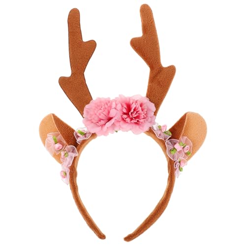 IMIKEYA Rentiergeweih-Haarreif: Niedliches Weihnachts-Stirnband aus Hirschhorn mit Ohren und Blumen – Haarschmuck aus Elchgeweih für Partys von IMIKEYA