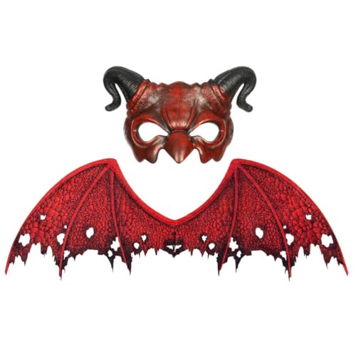 IMIKEYA Teufelsmaske Und Flügel-Set Dämonenmaske Gruselige Horn-Biest-Maske Halbe Gesichtsmaske Flügel-Requisite Für Halloween-Maskerade-Partyzubehör von IMIKEYA