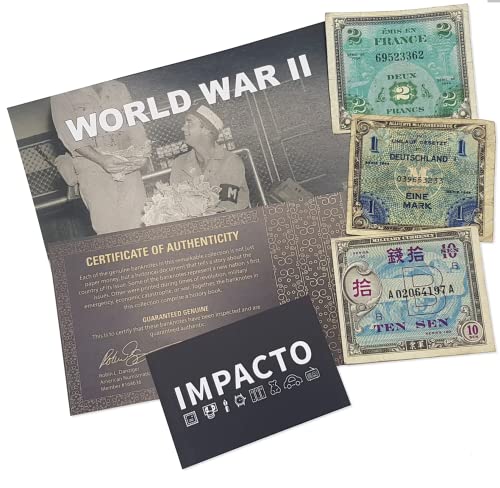 IMPACTO COLECCIONABLES Alliierte Militärwährung. Zweiter Weltkrieg - 3 Banknoten aus Deutschland, Frankreich und Japan, den von den Alliierten besetzten Ländern. Inklusive Echtheitszertifikat von IMPACTO COLECCIONABLES