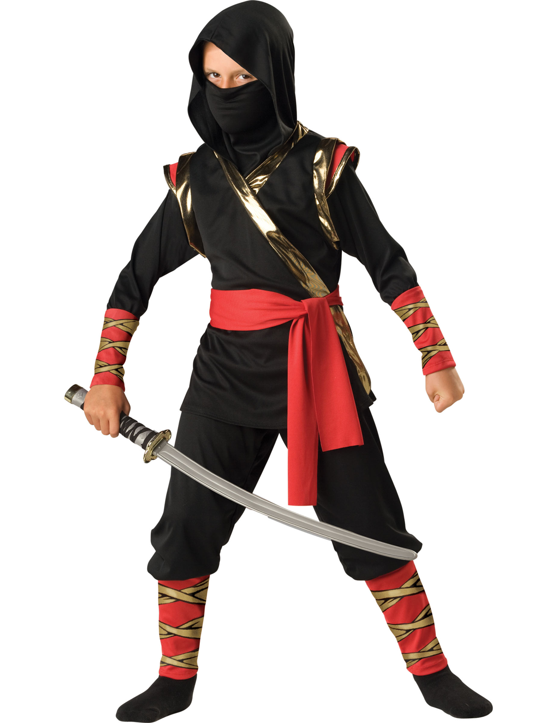 Kostüm Ninja Premium für Kinder schwarz-rot-gold von KARNEVAL-MEGASTORE