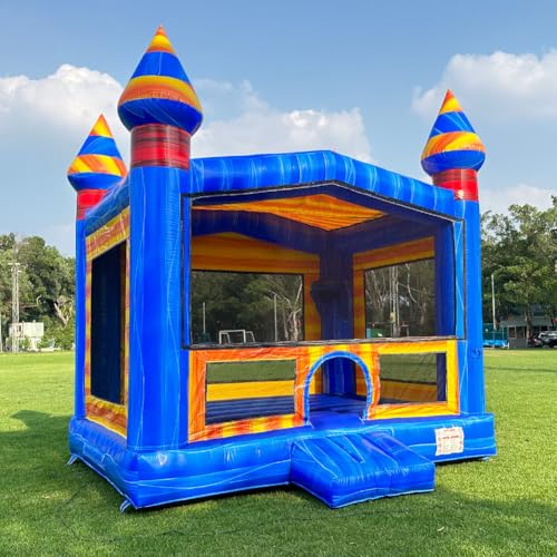 Handelsübliche Qualität, aufblasbar für Kinder und Erwachsene, mit Gebläse und Basketballkorb für drinnen und draußen, Hüpfpullover, Geburtstagsparty, Mietqualität (blau + gelb, 4 x 4 x 4 m) von INFLATABLEGAGA