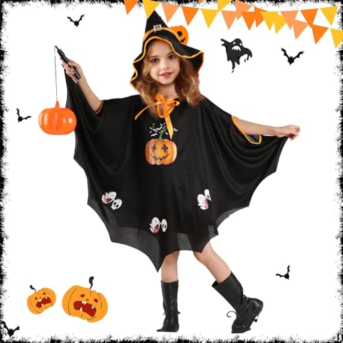 INGJIA Halloween Kostüm Kinder, 2Pcs Halloween Fledermaus Umhang mit Hut, Kürbis Kostüm Mädchen, für Halloween, Fasching, Karneval, Bühnenperformance, Themenparty, Geeignet für Höhe 90-150cm INGJIA Halloween Kostüm Kinder, 2Pcs Halloween Fledermaus Umhang mit Hut, Kürbis Kostüm Mädchen, für Halloween, Fasching, Karneval, Bühnenperformance, Themenparty, Geeignet für Höhe 90-150cm von INGJIA
