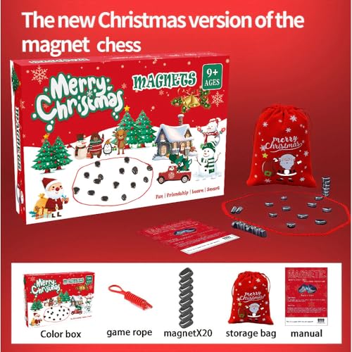 Weihnachtsdesign Magnetisches Schachspiel mit 20 Reisesteinen, 1 Schnur und tragbarer Aufbewahrungstasche, Strategie-Brettspiel für den Familienspieleabend (ab 5 Jahren) von INHHCED