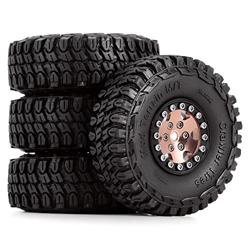 INJORA 1.0 RC Beadlock Räder Reifen Set Micro-Crawler Upgrade Teil Weich Gummi 4STK für 1/24 RC Crawler Car Axial SCX24 C10 Deadbolt JLU Gladiator Bronco,Bronze9W1026-T1002 von INJORA