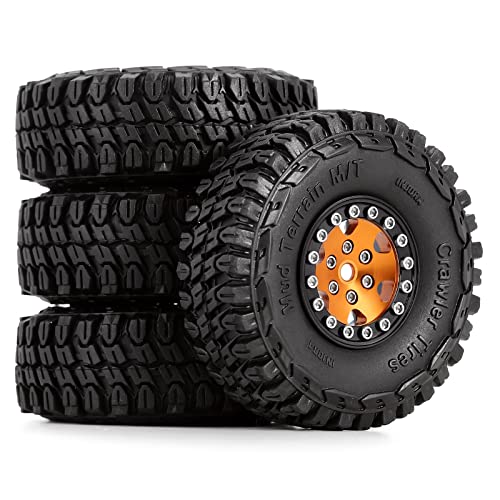 INJORA 1.0 RC Beadlock Räder Reifen Set Micro-Crawler Upgrade Teil Weich Gummi 4STK für 1/24 RC Crawler Car Axial SCX24 C10 Deadbolt JLU Gladiator Bronco,Gold(W1026-T1002) von INJORA