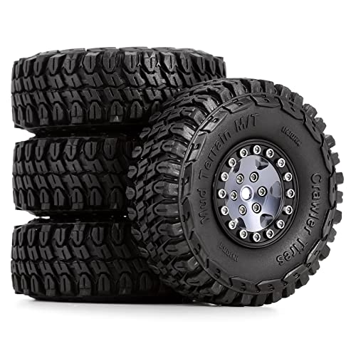 INJORA 1.0 RC Beadlock Räder Reifen Set Micro-Crawler Upgrade Teil Weich Gummi 4STK für 1/24 RC Crawler Car Axial SCX24 C10 Deadbolt JLU Gladiator Bronco,Schwarz Grau（W1026-T1002） von INJORA