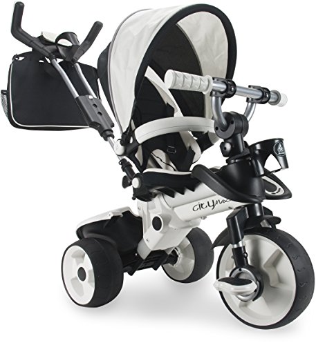 Dreirad Evolutionär Baby 6-36 Monate Weiß + Sonnendach + Sicherheitsgurt + Verstellbarer Griff + Tasche + Eimer + Gummiräder – Kinderdreirad mit Schubstange Ergonomisch Stabil | INJUSA von INJUSA