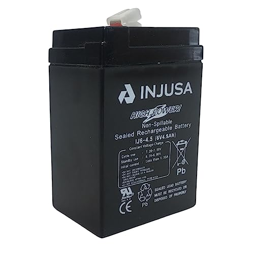 INJUSA 6-Volt- und 4,5-Ah-Blei-Säure-Batterie, kompatibel mit 6-Volt-Elektrofahrzeugen von INJUSA, Motorrädern, Autos und Quads mit 6-Volt-Batterie, mit 60 Minuten Autonomie und 12 Stunden Ladezeit INJUSA 6-Volt- und 4,5-Ah-Blei-Säure-Batterie, kompatibel mit 6-Volt-Elektrofahrzeugen von INJUSA, Motorrädern, Autos und Quads mit 6-Volt-Batterie, mit 60 Minuten Autonomie und 12 Stunden Ladezeit von INJUSA