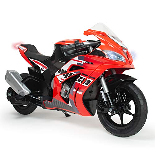INJUSA - Elektromotorrad Racing Fighter, für Kinder von 6 bis 10 Jahren, Batterie 24V, Gashebel, aufblasbare Räder und Trommelbremse, Höchstgeschwindigkeit 12 km/h, Farbe Rot von INJUSA